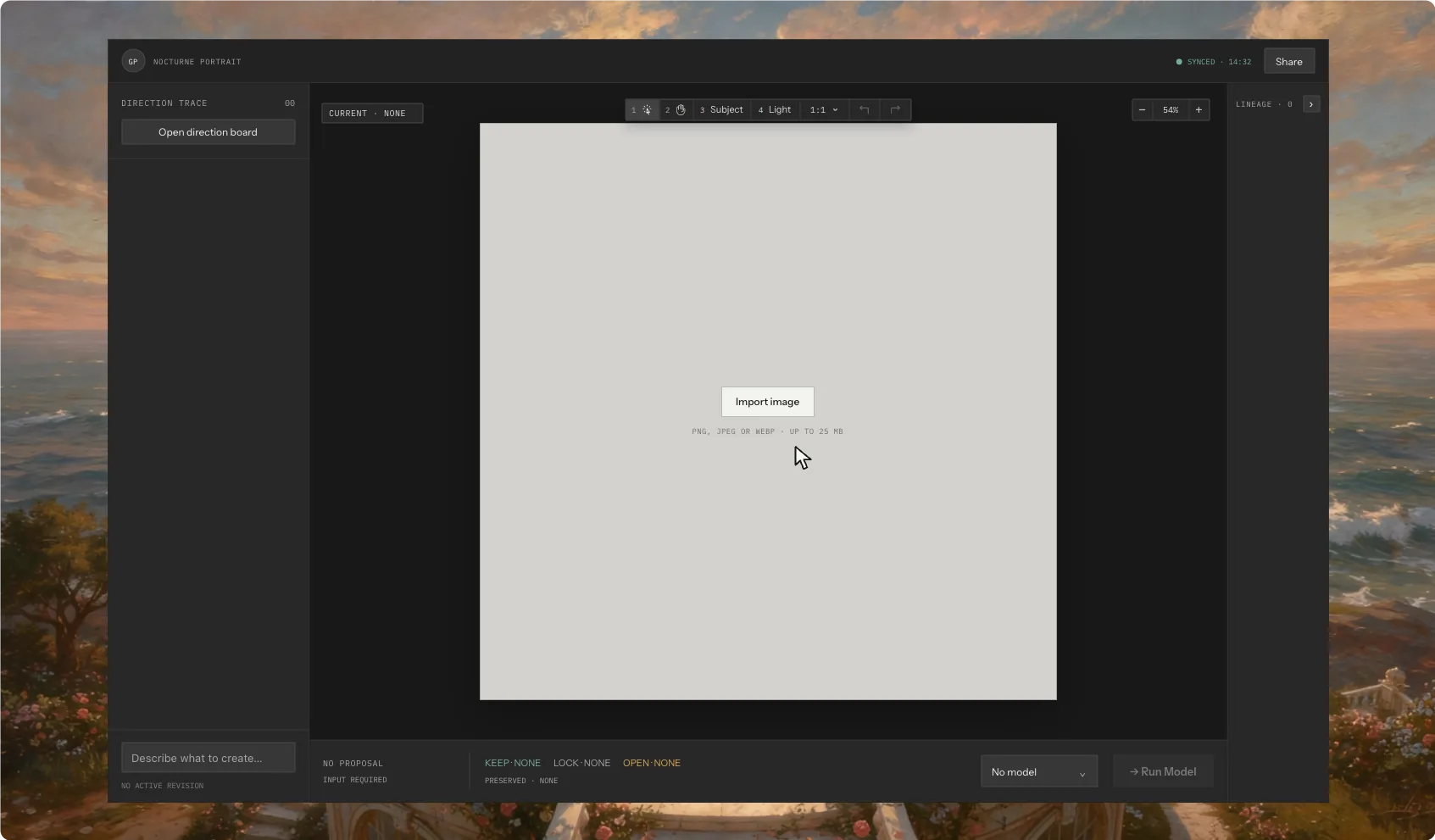 Ilyzael editor empty canvas with toolbar, the starting point of a campaign-image workflow